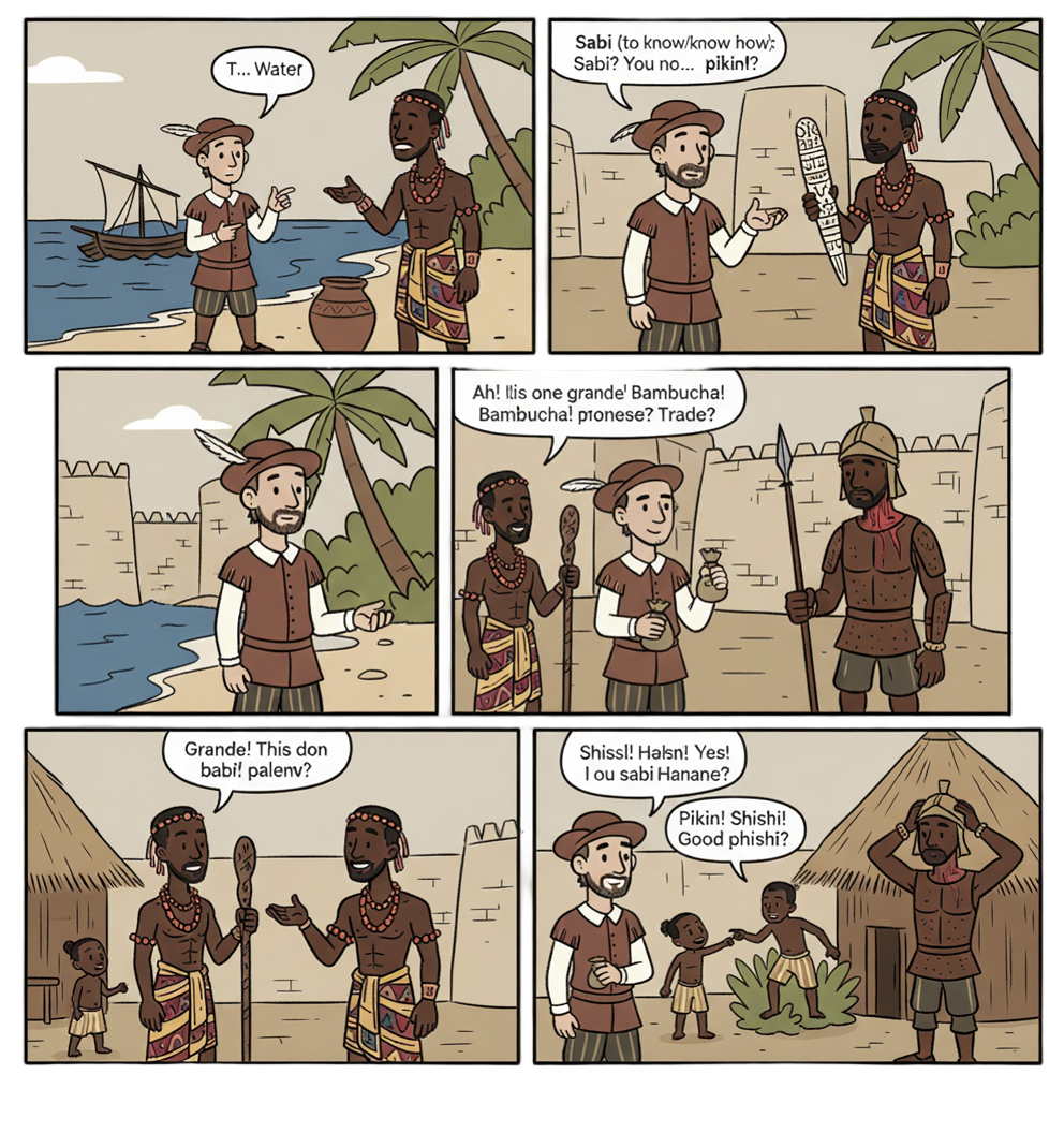An artistic depiction of 16th-century Portuguese traders interacting with people from the Benin Kingdom, representing the origins of Nigerian Pidgin.
